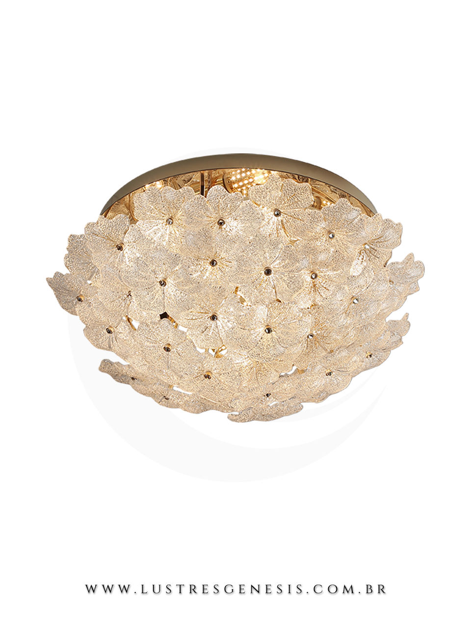 Plafon Redondo Dourado com Vidro Trabalhado Estilo Clássico